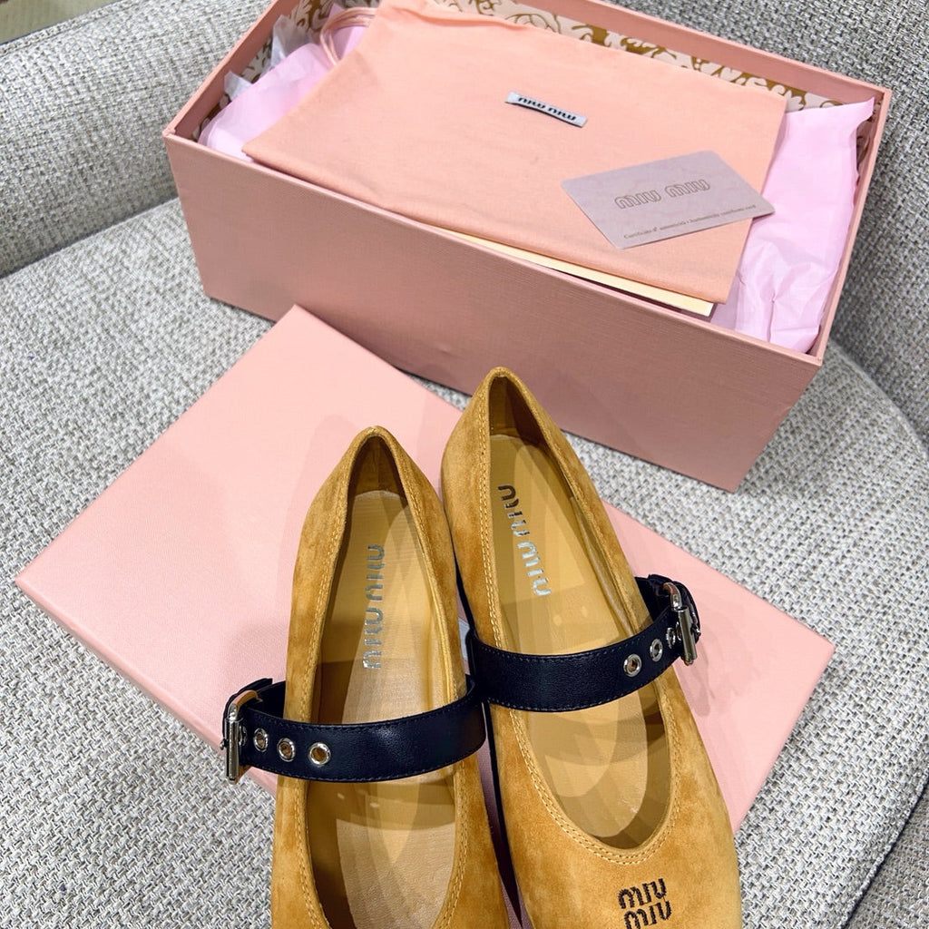 MIUMIU 26S MARY JANE FLATS IN GOLD BROWN SUEDE WITH BLACK BUCKLE STRAP