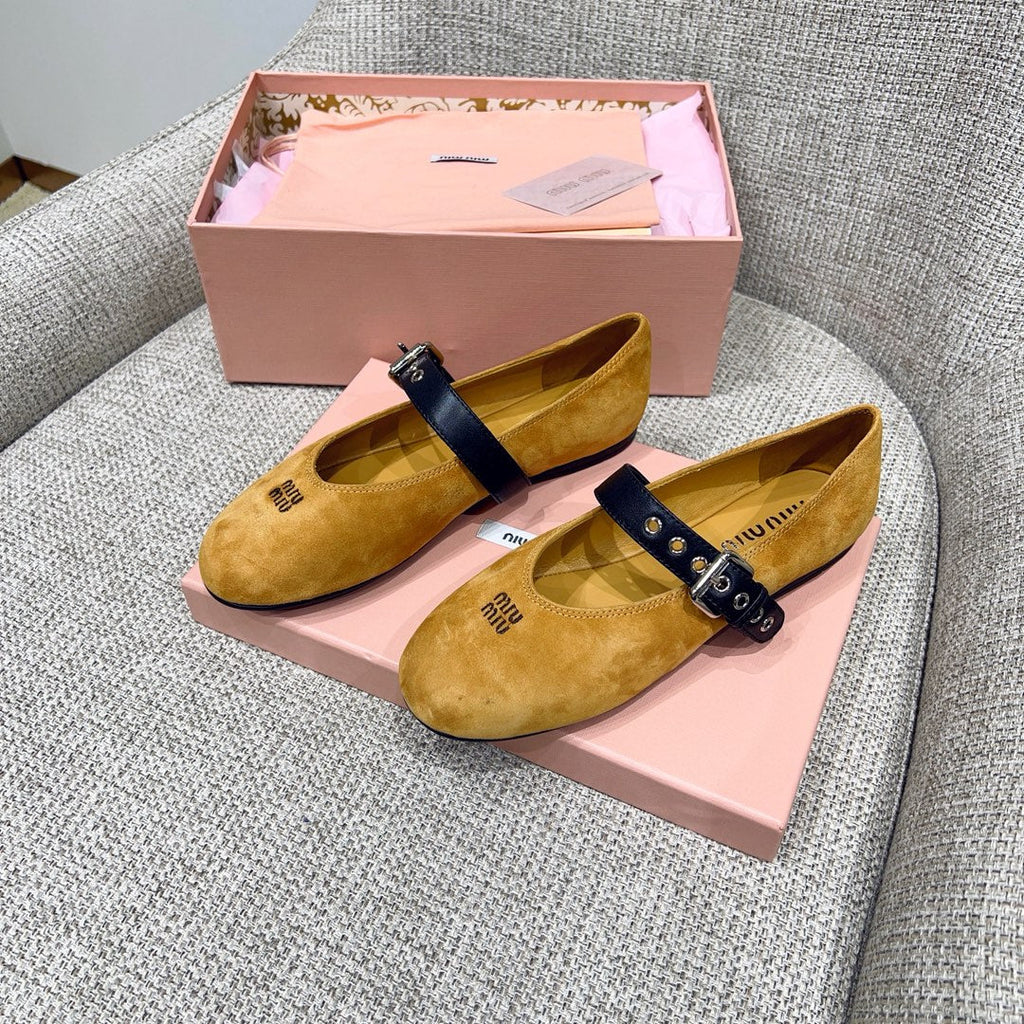 MIUMIU 26S MARY JANE FLATS IN GOLD BROWN SUEDE WITH BLACK BUCKLE STRAP
