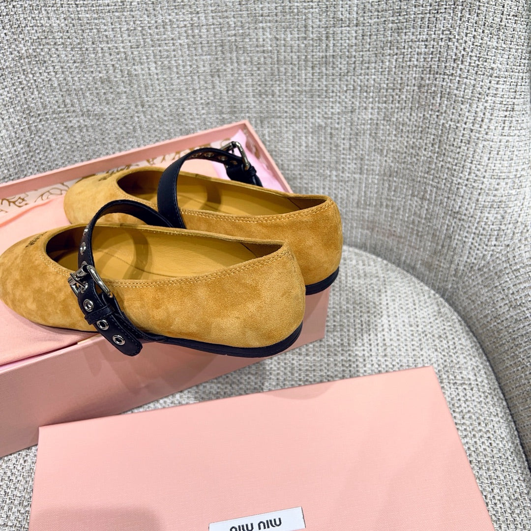 MIUMIU 26S MARY JANE FLATS IN GOLD BROWN SUEDE WITH BLACK BUCKLE STRAP