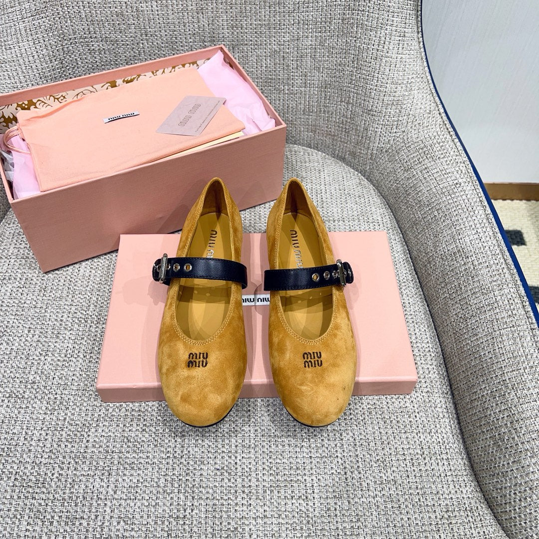 MIUMIU 26S MARY JANE FLATS IN GOLD BROWN SUEDE WITH BLACK BUCKLE STRAP