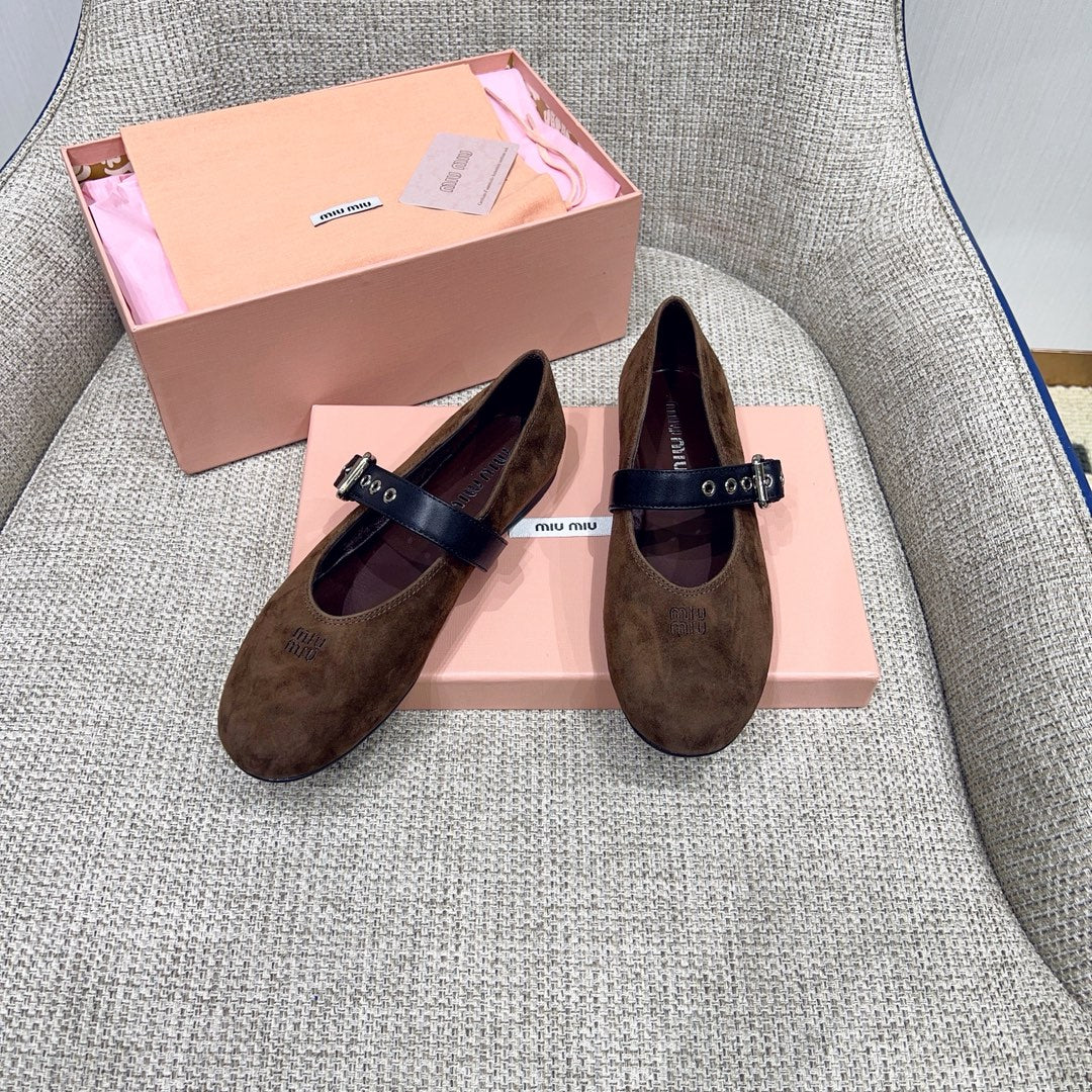 MIUMIU 26S MARY JANE FLATS IN OLIVE BROWN SUEDE WITH BLACK BUCKLE STRAP