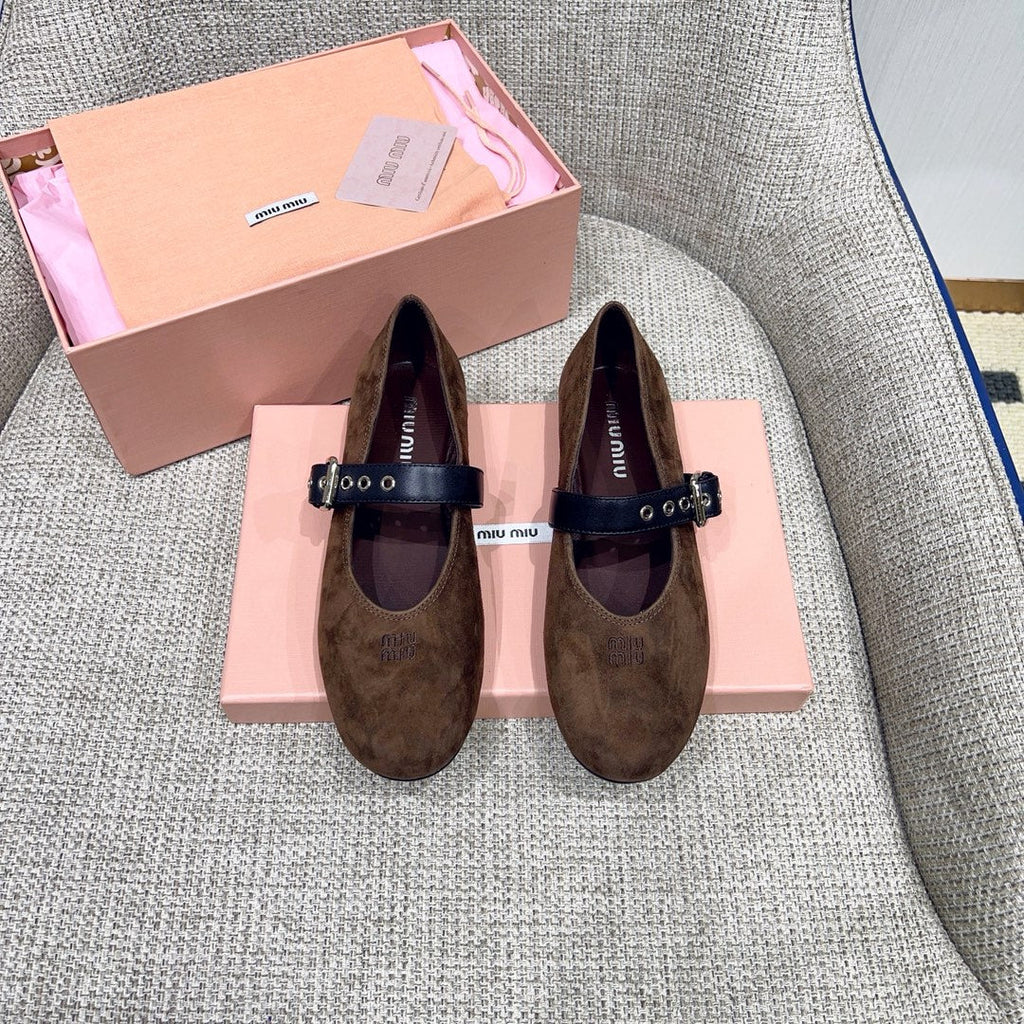 MIUMIU 26S MARY JANE FLATS IN OLIVE BROWN SUEDE WITH BLACK BUCKLE STRAP