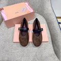 MIUMIU 26S MARY JANE FLATS IN OLIVE BROWN SUEDE WITH BLACK BUCKLE STRAP