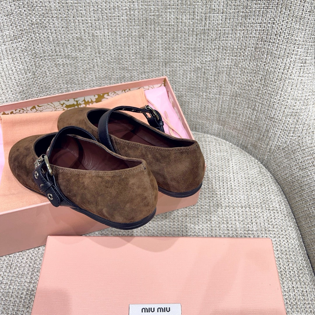 MIUMIU 26S MARY JANE FLATS IN OLIVE BROWN SUEDE WITH BLACK BUCKLE STRAP