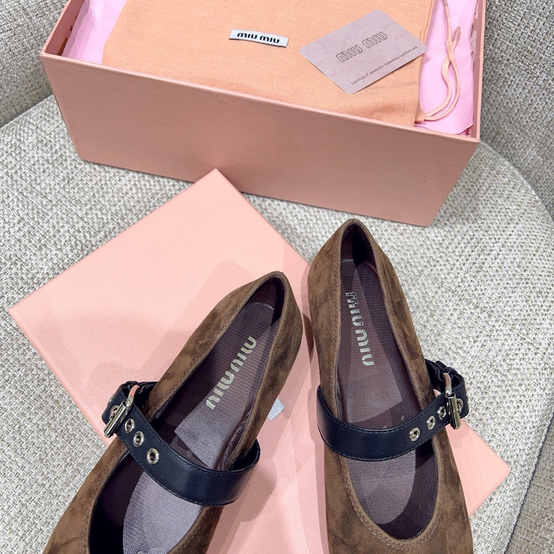 MIUMIU 26S MARY JANE FLATS IN OLIVE BROWN SUEDE WITH BLACK BUCKLE STRAP