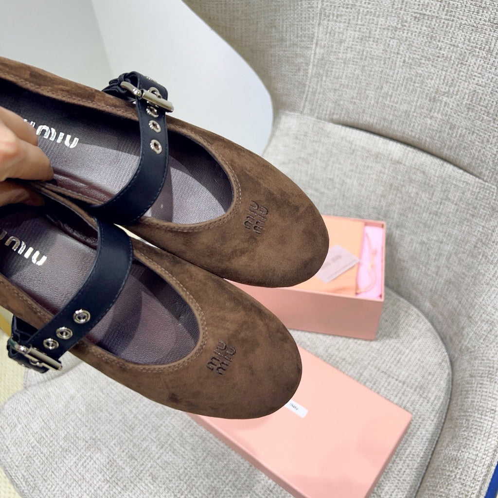 MIUMIU 26S MARY JANE FLATS IN OLIVE BROWN SUEDE WITH BLACK BUCKLE STRAP