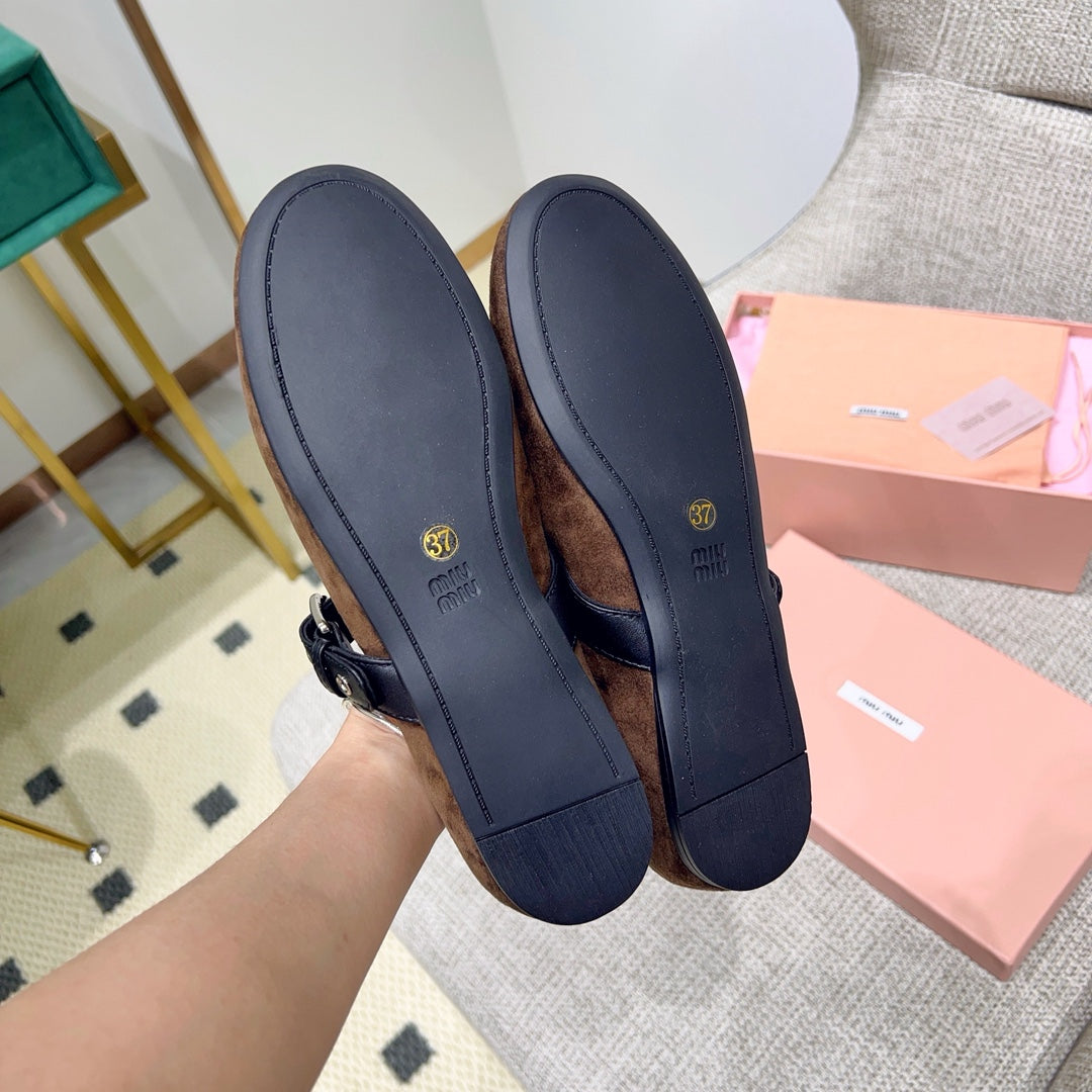 MIUMIU 26S MARY JANE FLATS IN OLIVE BROWN SUEDE WITH BLACK BUCKLE STRAP