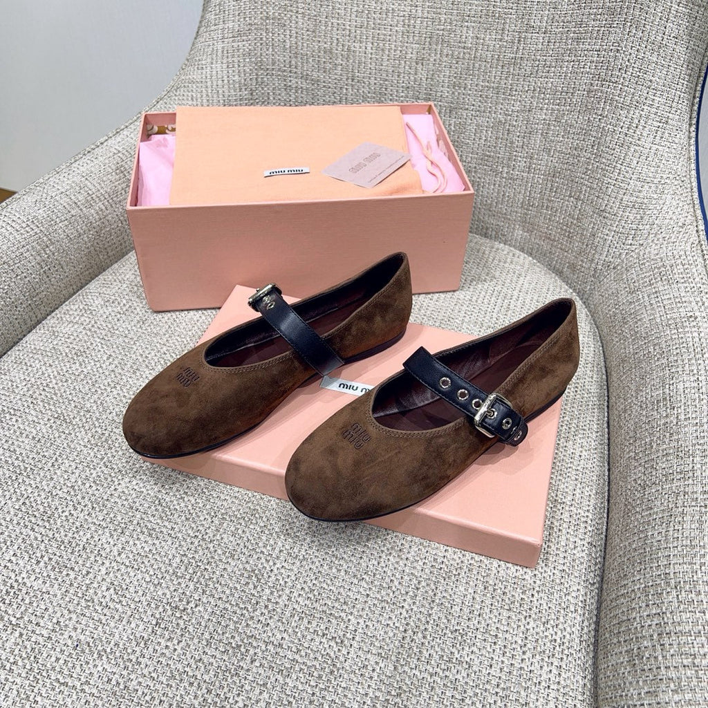 MIUMIU 26S MARY JANE FLATS IN OLIVE BROWN SUEDE WITH BLACK BUCKLE STRAP