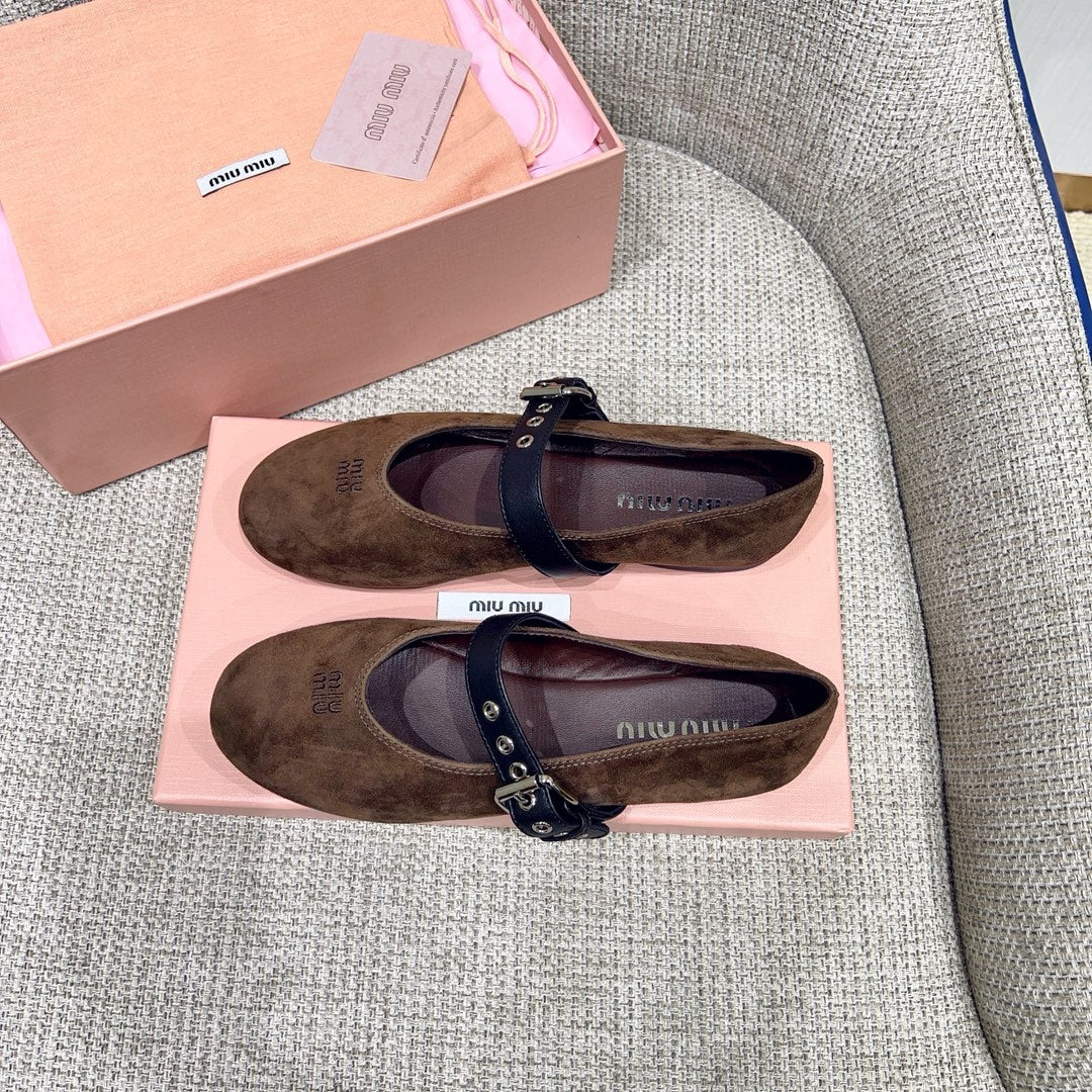 MIUMIU 26S MARY JANE FLATS IN OLIVE BROWN SUEDE WITH BLACK BUCKLE STRAP
