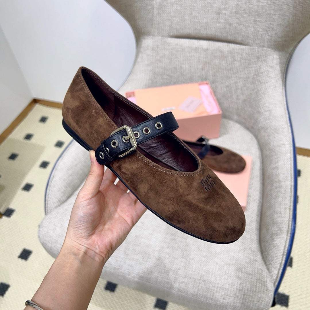 MIUMIU 26S MARY JANE FLATS IN OLIVE BROWN SUEDE WITH BLACK BUCKLE STRAP