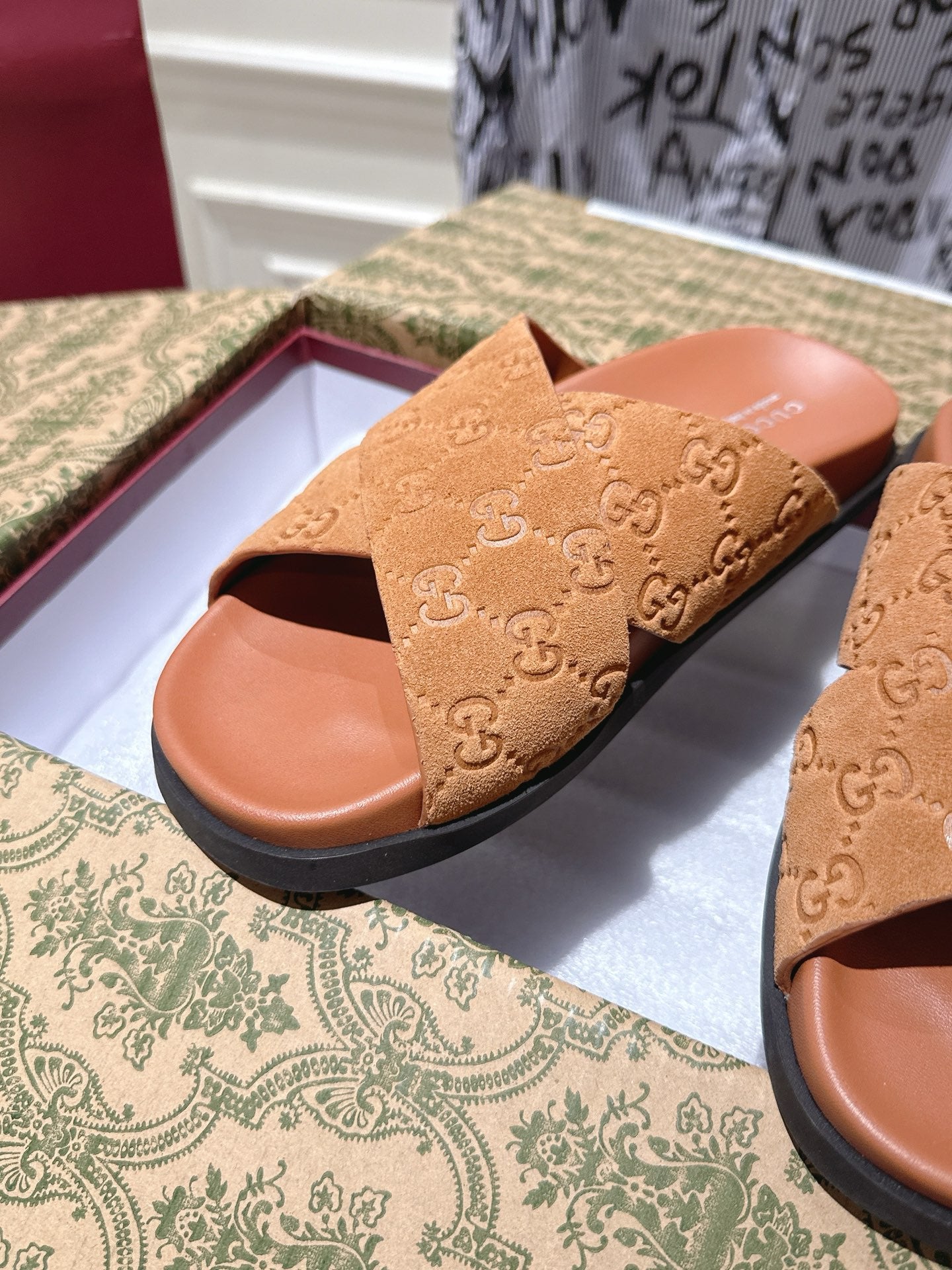 GG SLIDES IN BURNT ORANGE SUEDE WITH EMBOSSED LOGO STYLE 11