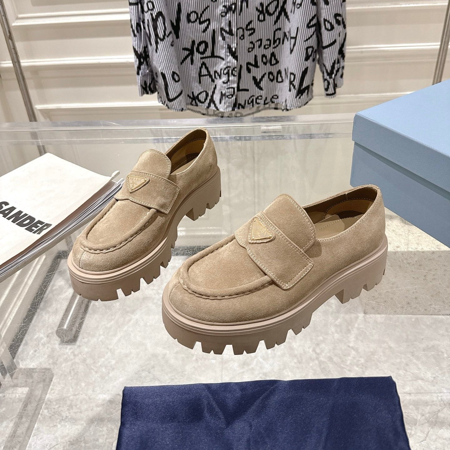 PRADA 26S PLATFORM LOAFERS 45MM IN BEIGE SUEDE