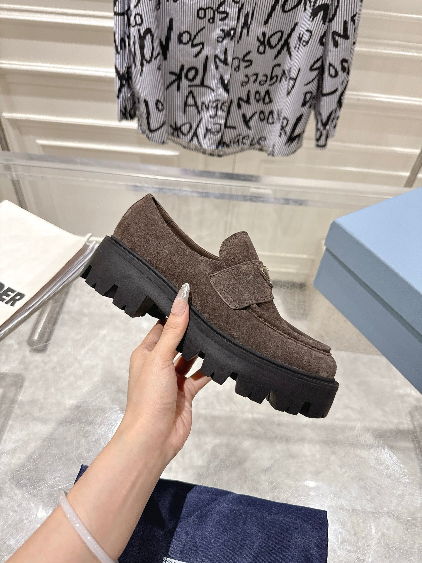 PRADA 26S PLATFORM LOAFERS 45MM IN DARK BROWN SUEDE