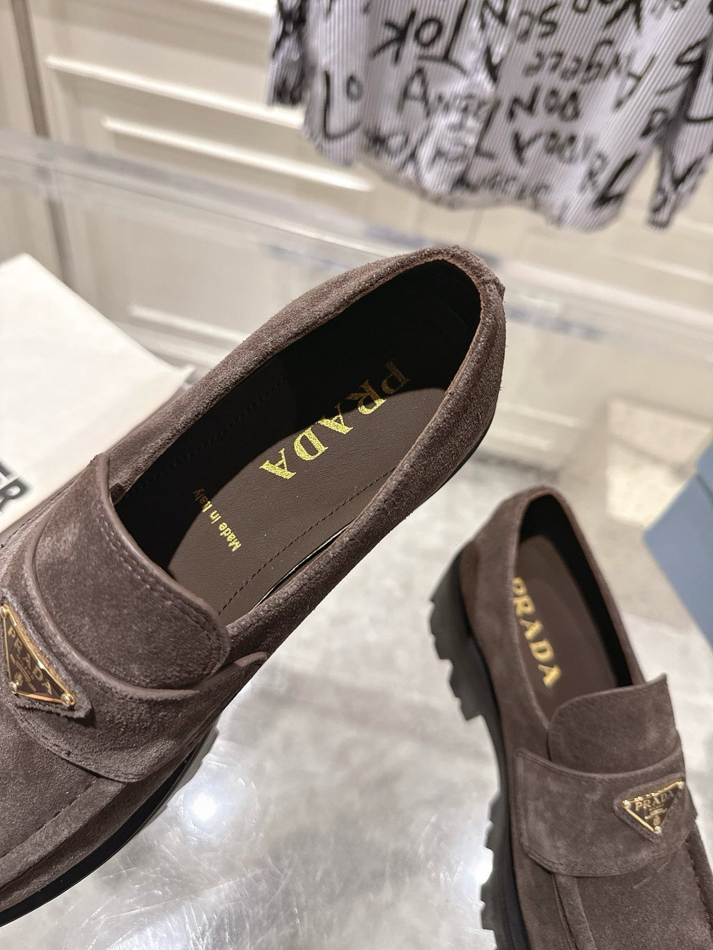 PRADA 26S PLATFORM LOAFERS 45MM IN DARK BROWN SUEDE