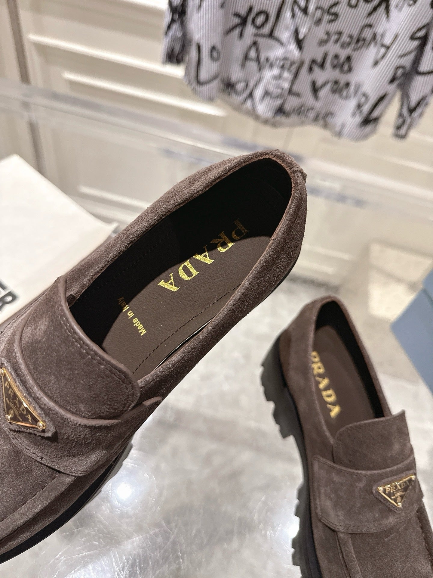 PRADA 26S PLATFORM LOAFERS 45MM IN DARK BROWN SUEDE