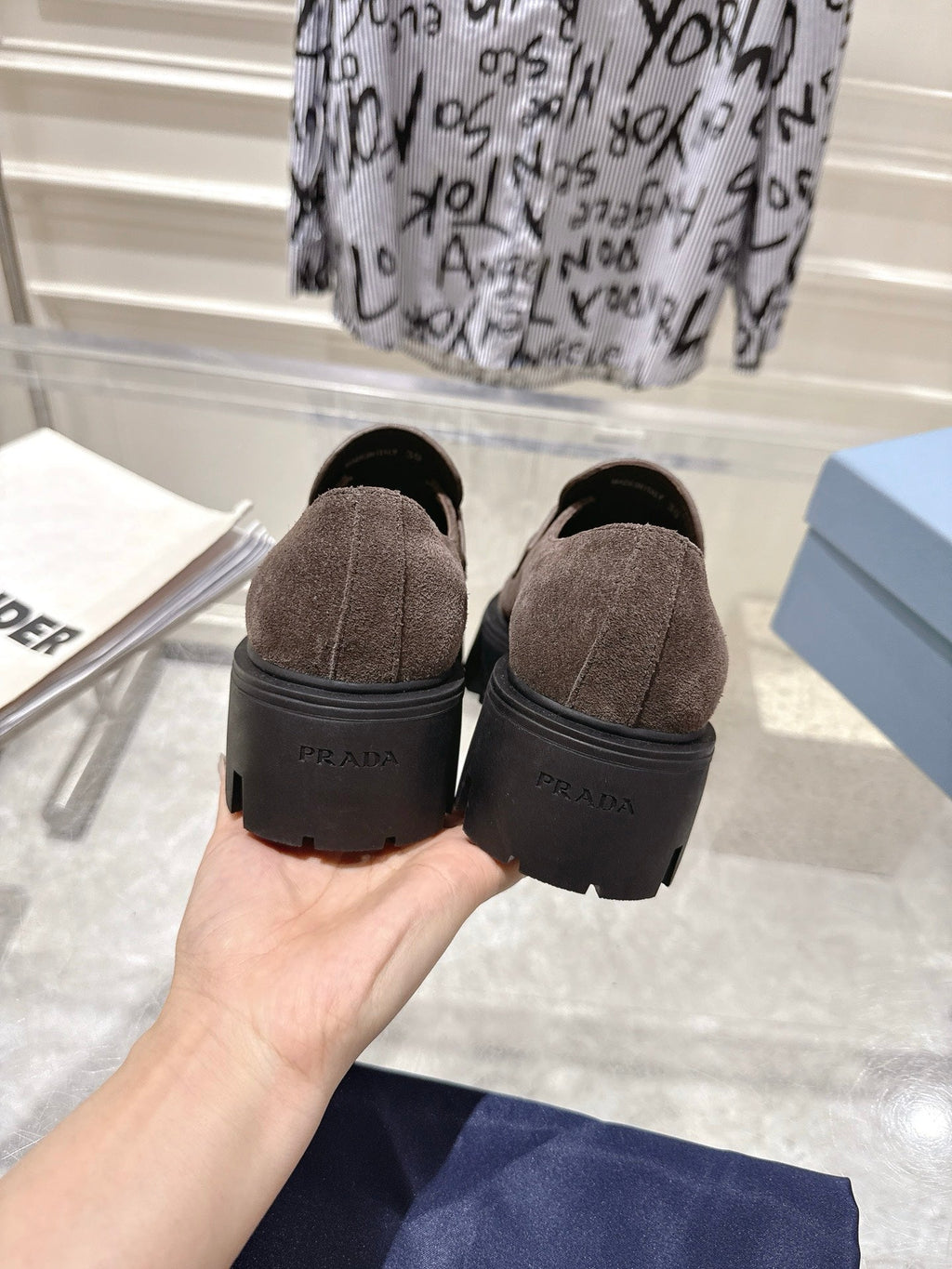 PRADA 26S PLATFORM LOAFERS 45MM IN DARK BROWN SUEDE
