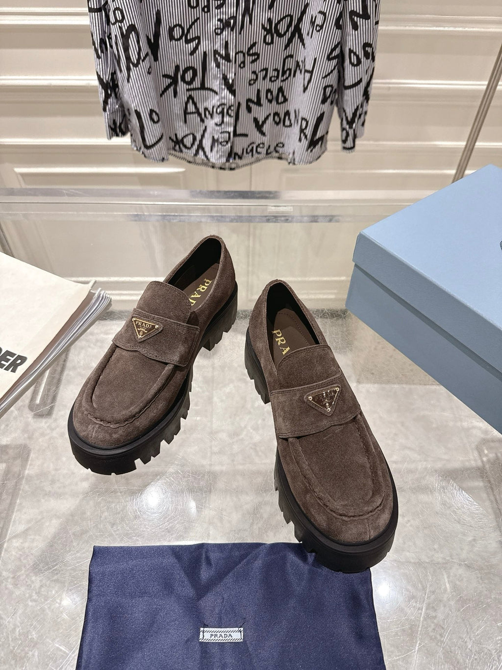 PRADA 26S PLATFORM LOAFERS 45MM IN DARK BROWN SUEDE