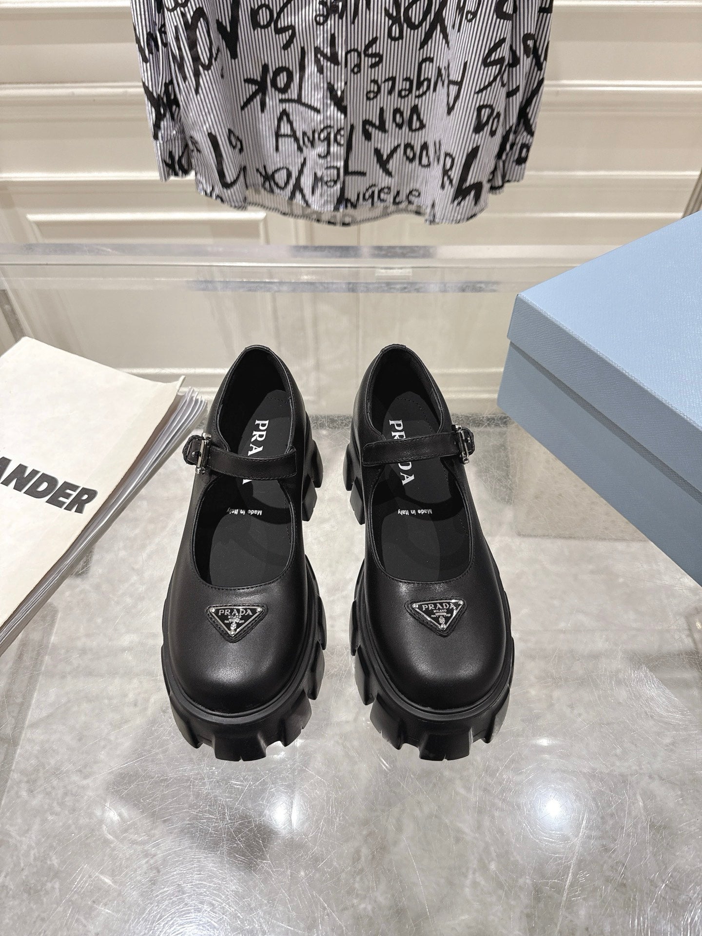PRADA 26S MARY JANE SHOES 45MM IN BLACK CALFSKIN
