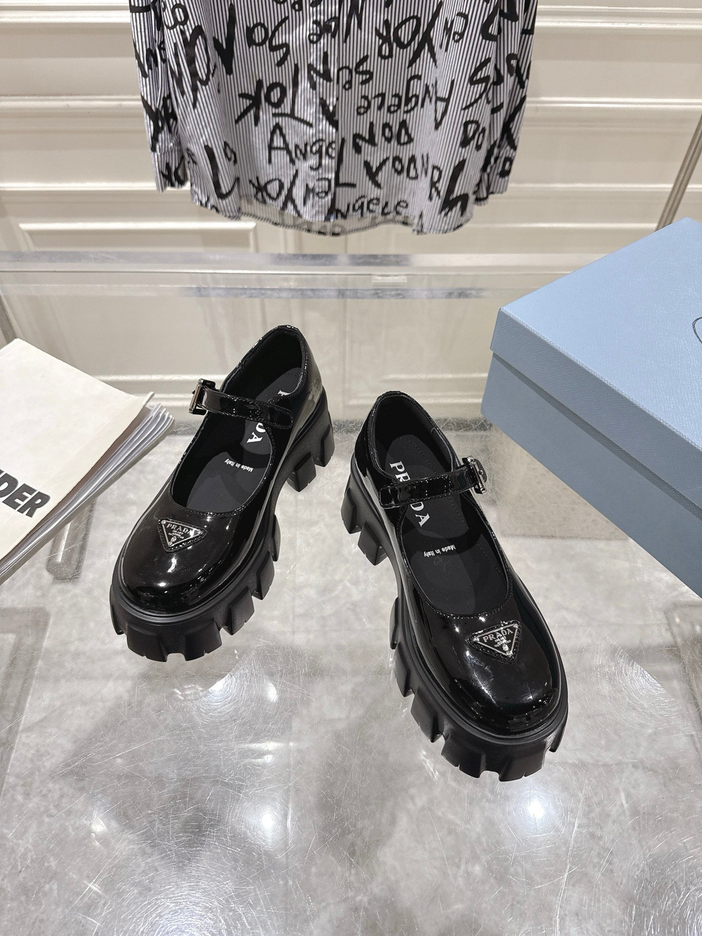 PRADA 26S MARY JANE SHOES 45MM IN BLACK PATENT CALFSKIN