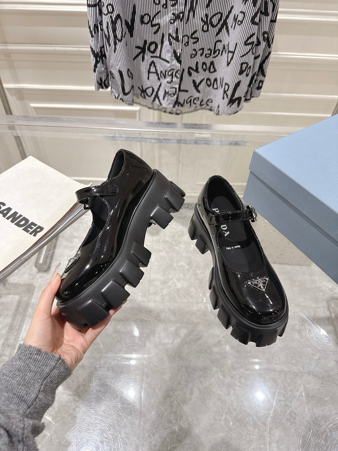 PRADA 26S MARY JANE SHOES 45MM IN BLACK PATENT CALFSKIN