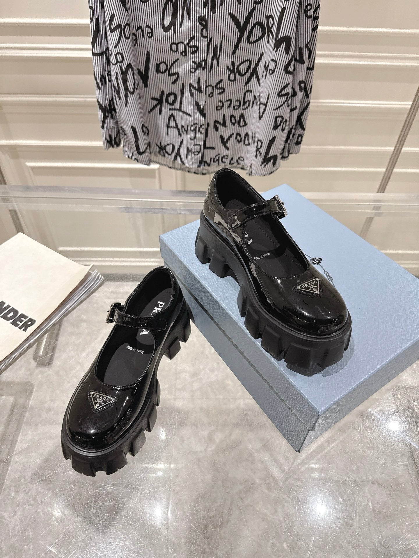 PRADA 26S MARY JANE SHOES 45MM IN BLACK PATENT CALFSKIN