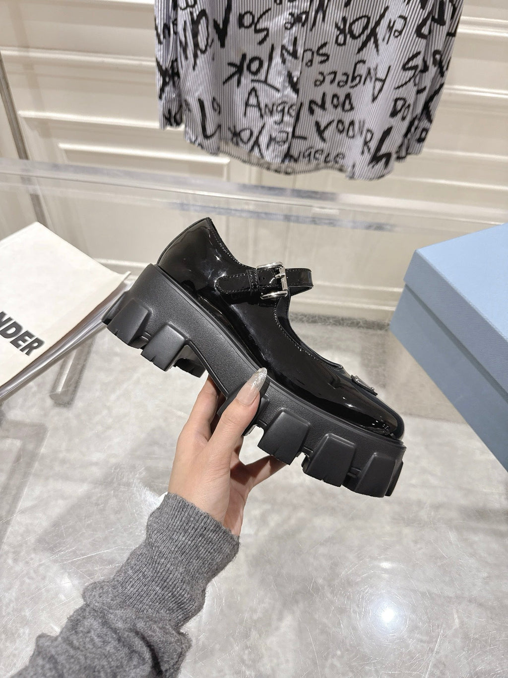 PRADA 26S MARY JANE SHOES 45MM IN BLACK PATENT CALFSKIN
