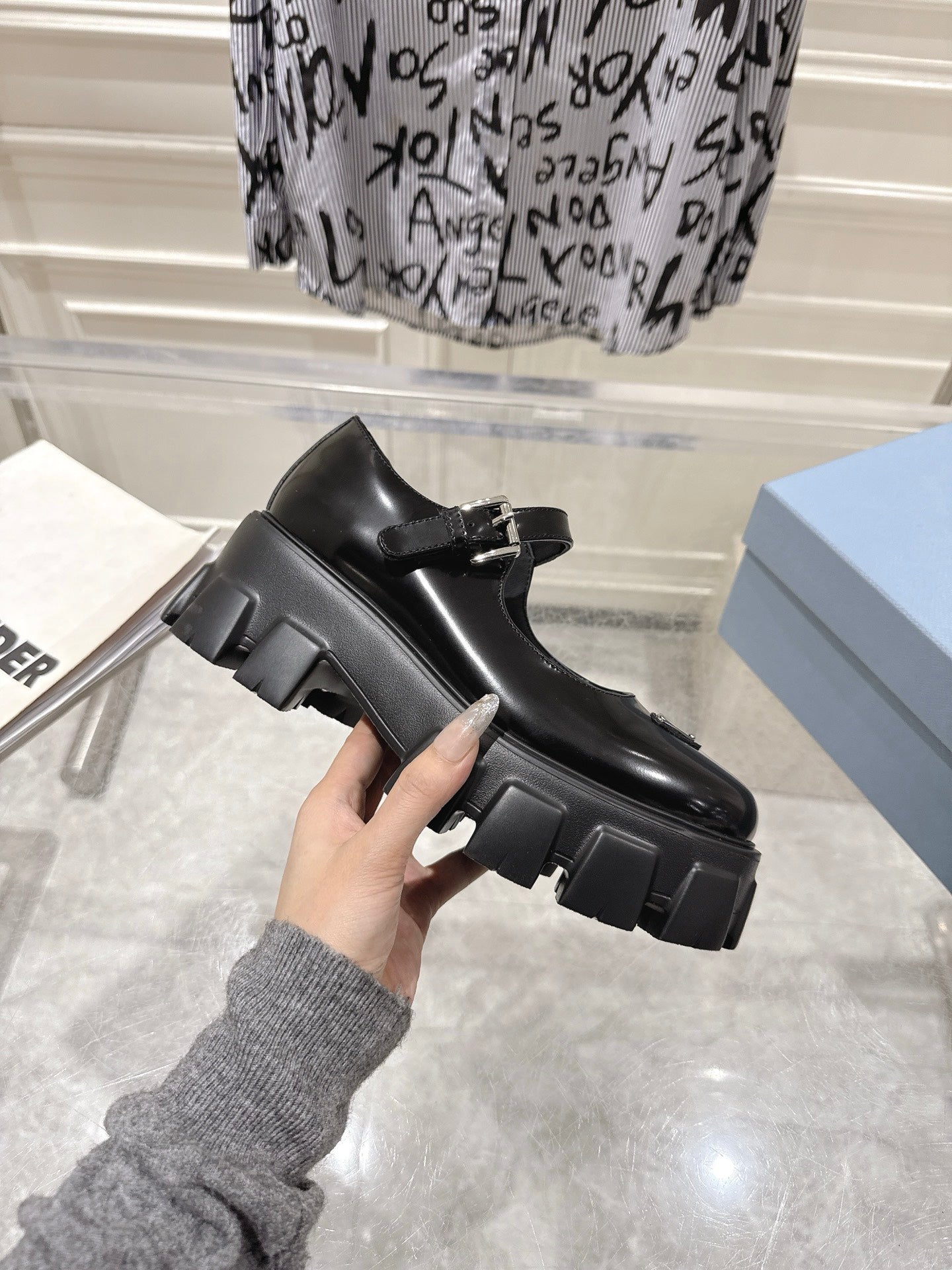 PRADA 26S MARY JANE SHOES 45MM IN BLACK SHINE CALFSKIN