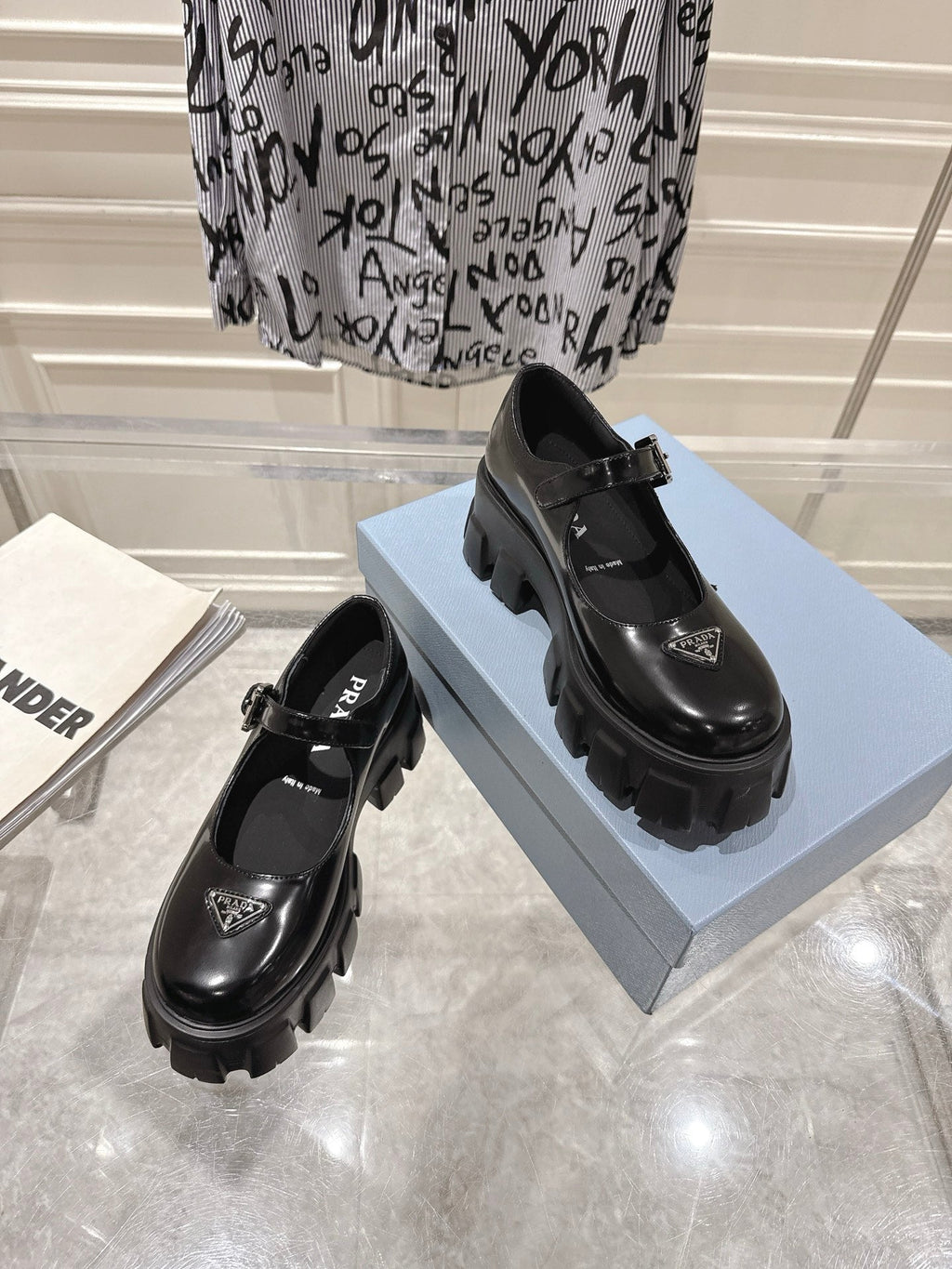 PRADA 26S MARY JANE SHOES 45MM IN BLACK SHINE CALFSKIN