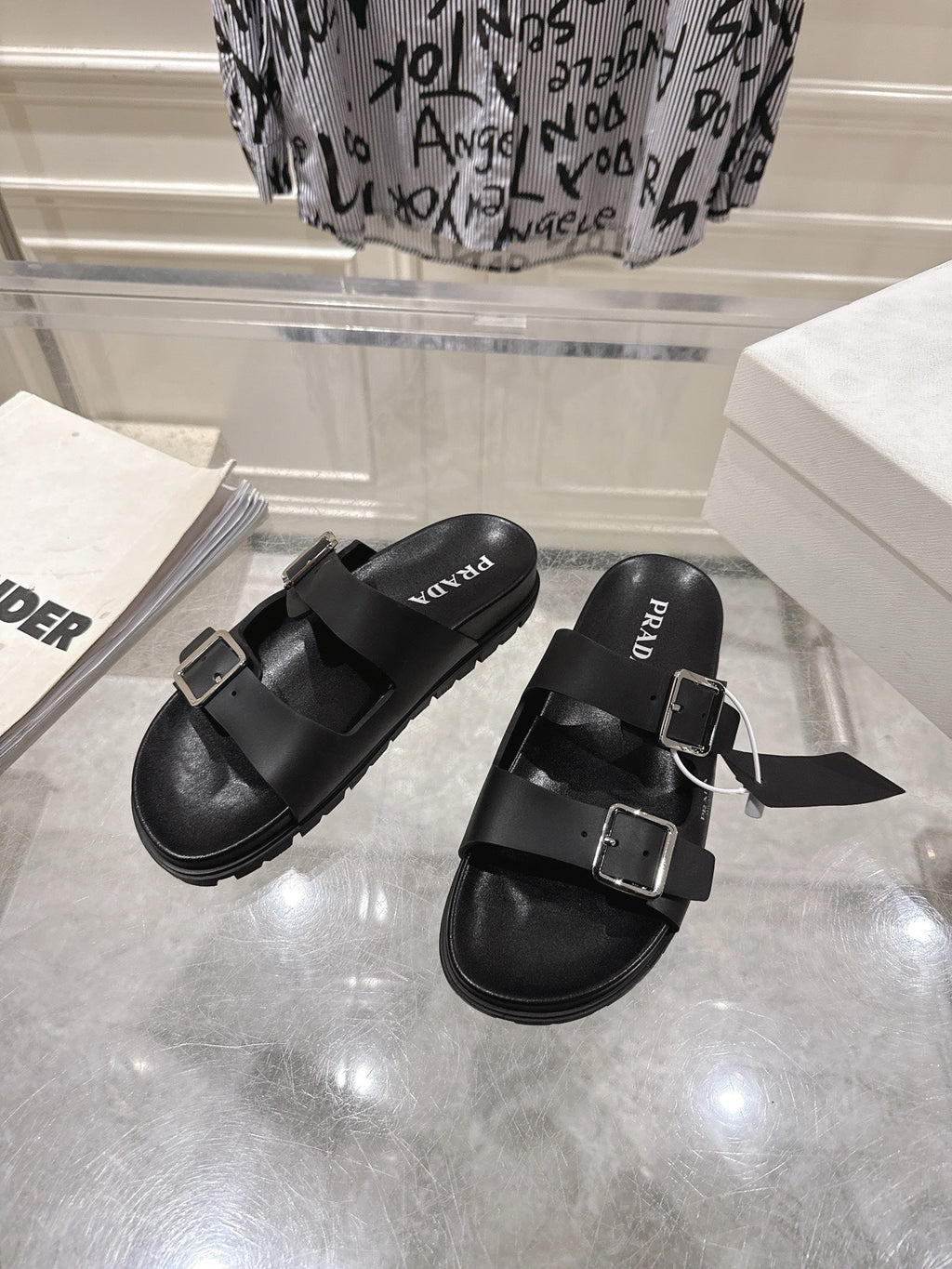PRADA 26S SLIDES SANDALS IN BLACK CALFSKIN SILVER HARDWARE