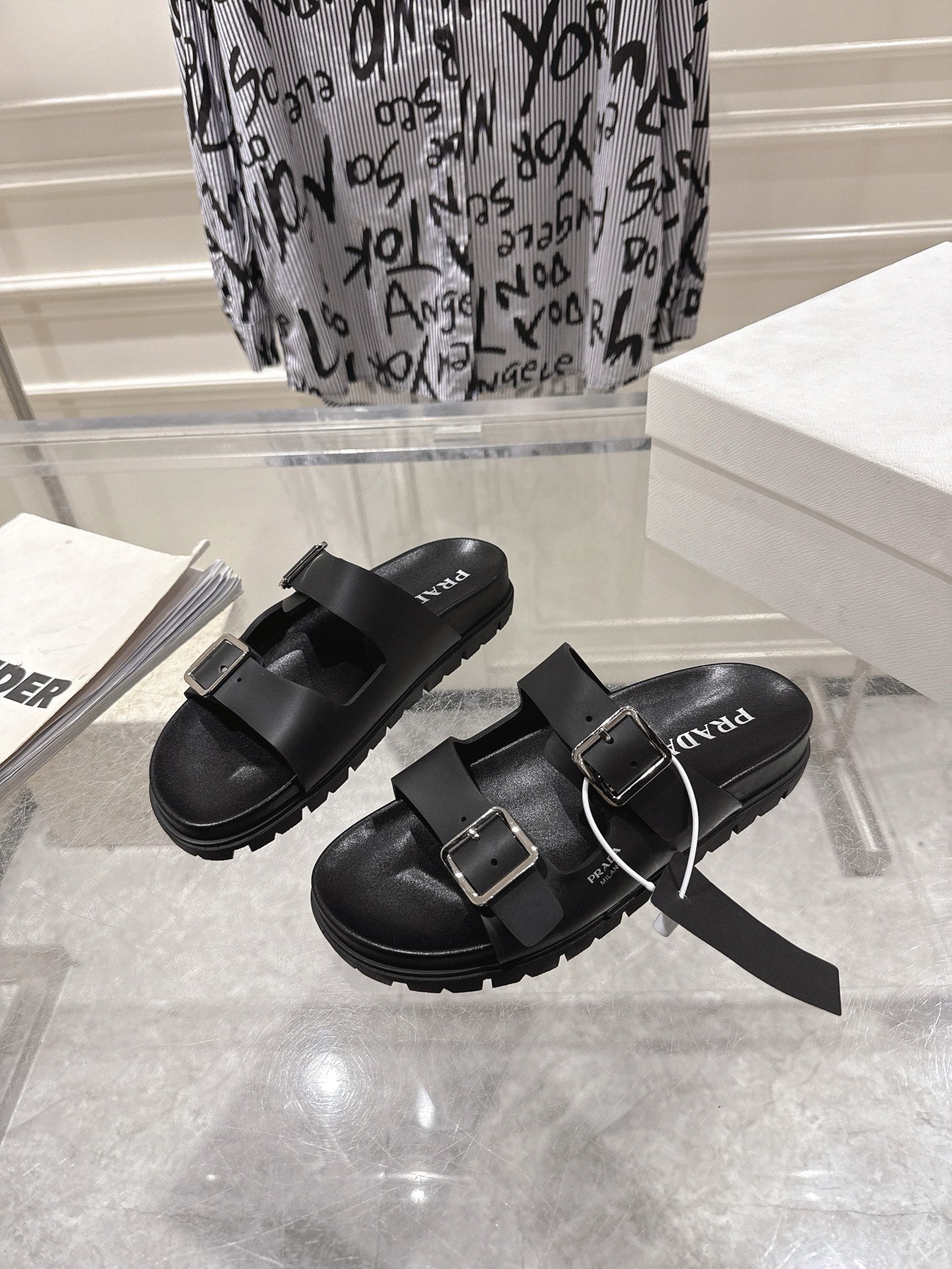 PRADA 26S SLIDES SANDALS IN BLACK CALFSKIN SILVER HARDWARE