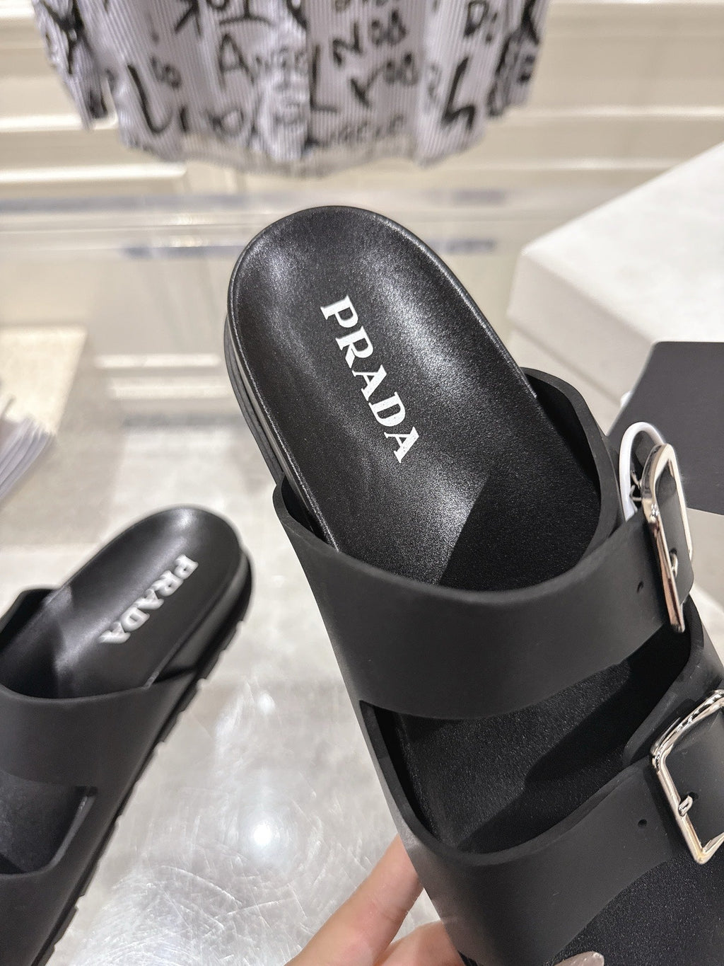 PRADA 26S SLIDES SANDALS IN BLACK CALFSKIN SILVER HARDWARE