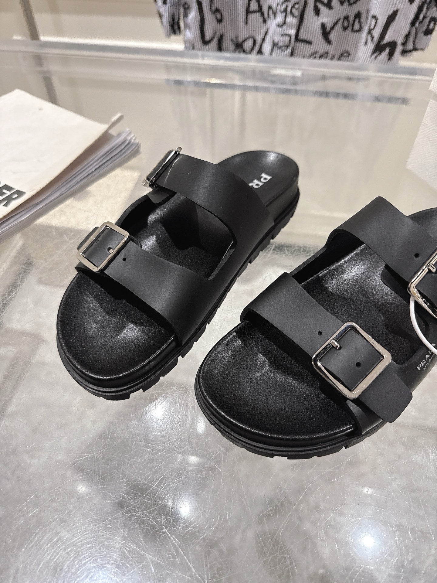 PRADA 26S SLIDES SANDALS IN BLACK CALFSKIN SILVER HARDWARE