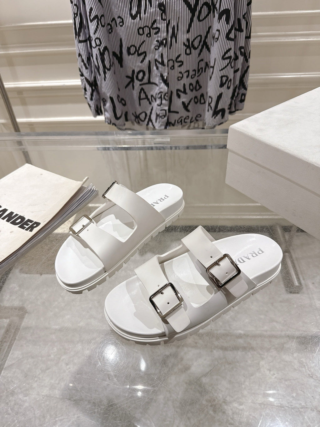 PRADA 26S SLIDES SANDALS IN WHITE CALFSKIN SILVER HARDWARE