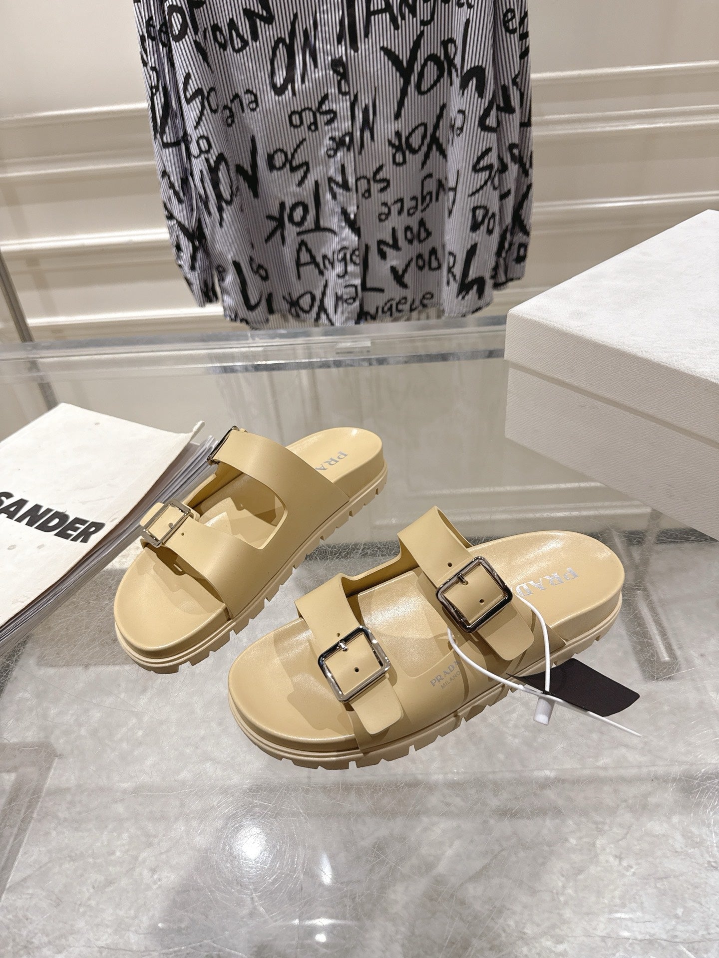 PRADA 26S SLIDES SANDALS IN BEIGE CALFSKIN SILVER HARDWARE