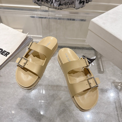 PRADA 26S SLIDES SANDALS IN BEIGE CALFSKIN SILVER HARDWARE