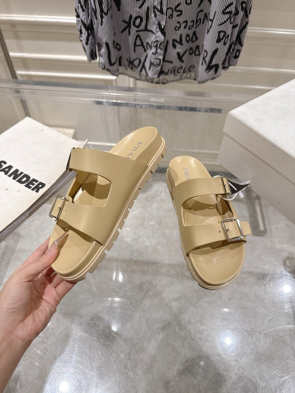 PRADA 26S SLIDES SANDALS IN BEIGE CALFSKIN SILVER HARDWARE