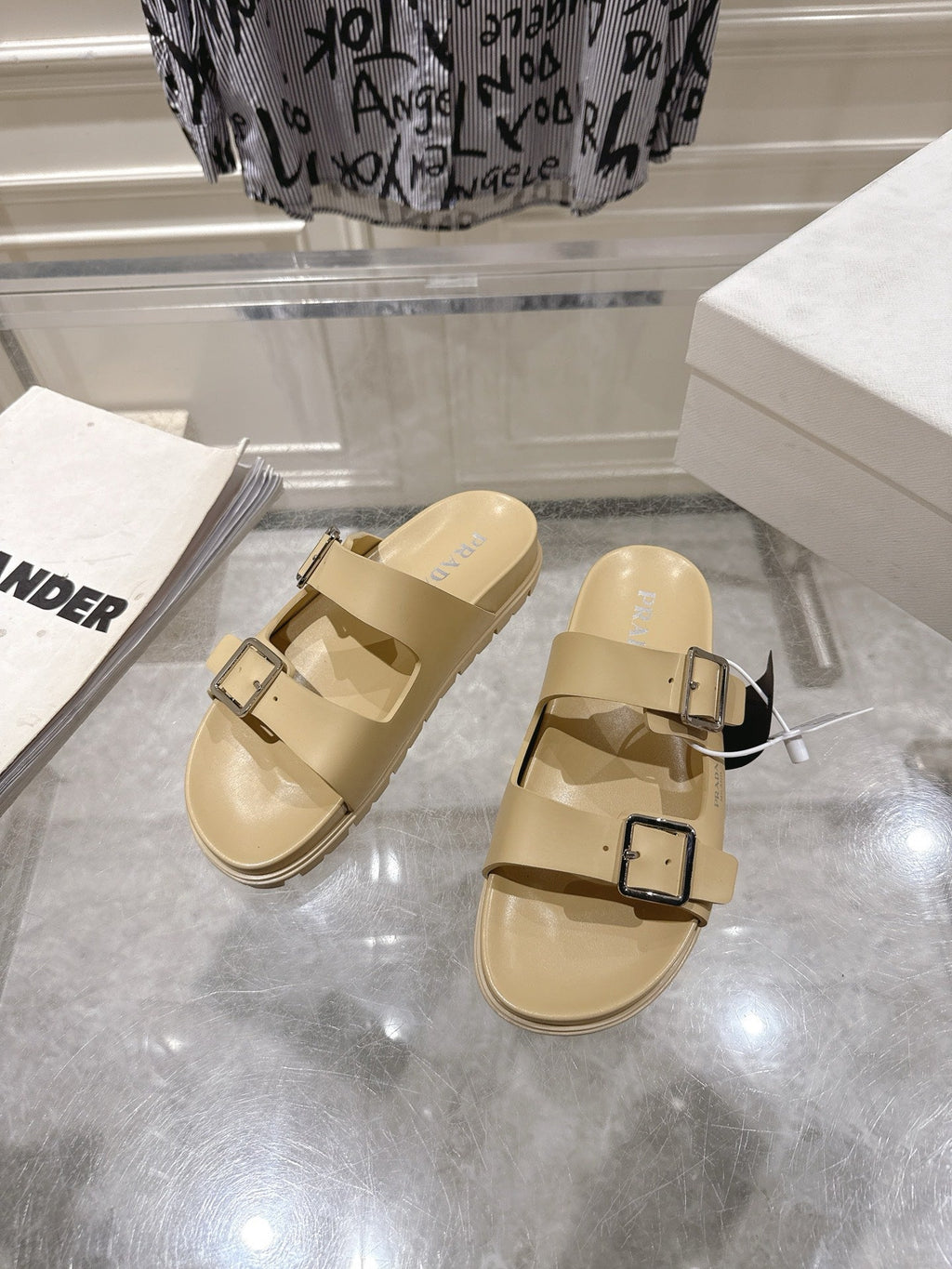 PRADA 26S SLIDES SANDALS IN BEIGE CALFSKIN SILVER HARDWARE