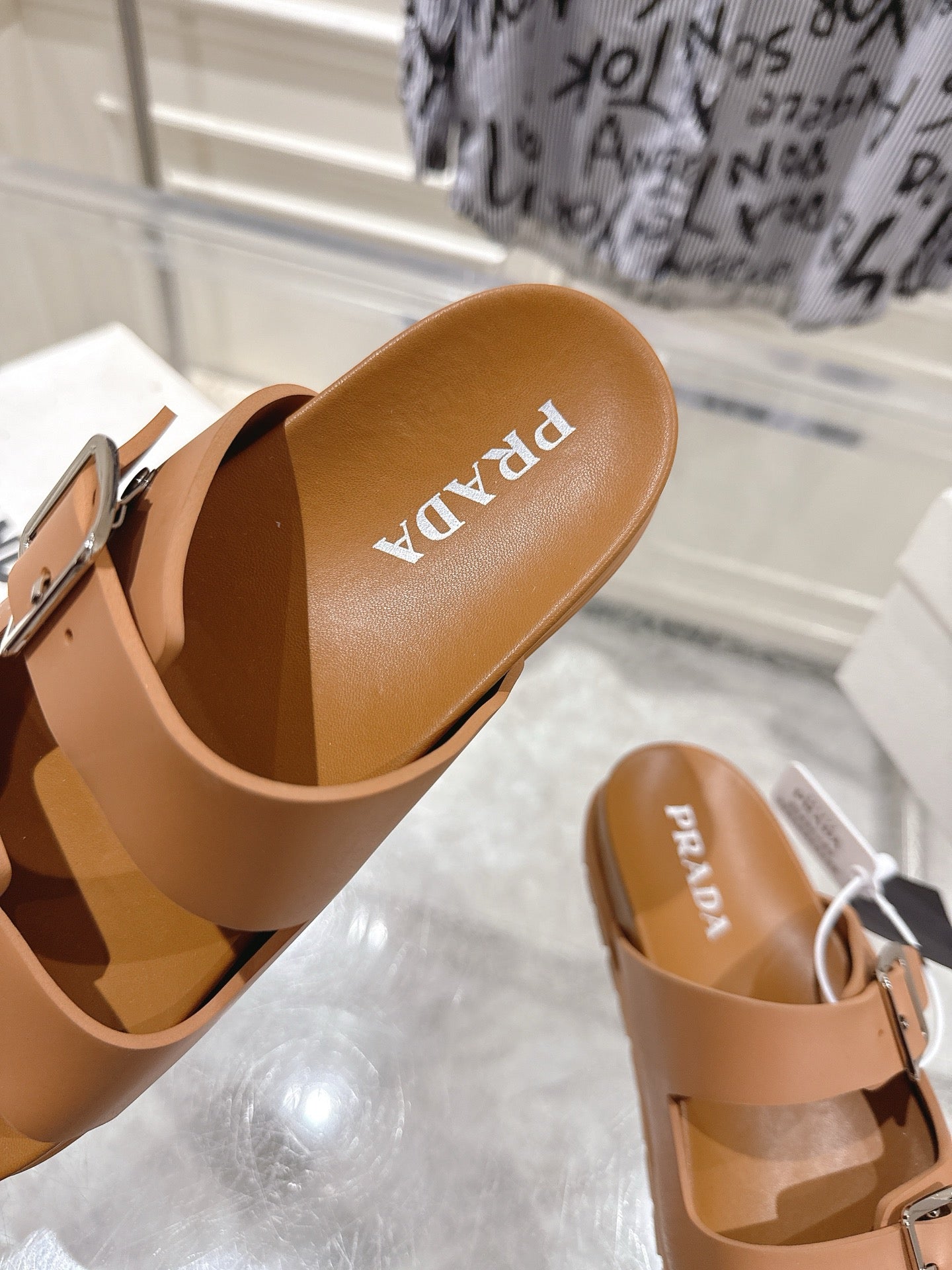 PRADA 26S SLIDES SANDALS IN CARAMEL BROWN CALFSKIN SILVER HARDWARE
