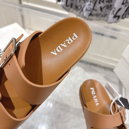 PRADA 26S SLIDES SANDALS IN CARAMEL BROWN CALFSKIN SILVER HARDWARE