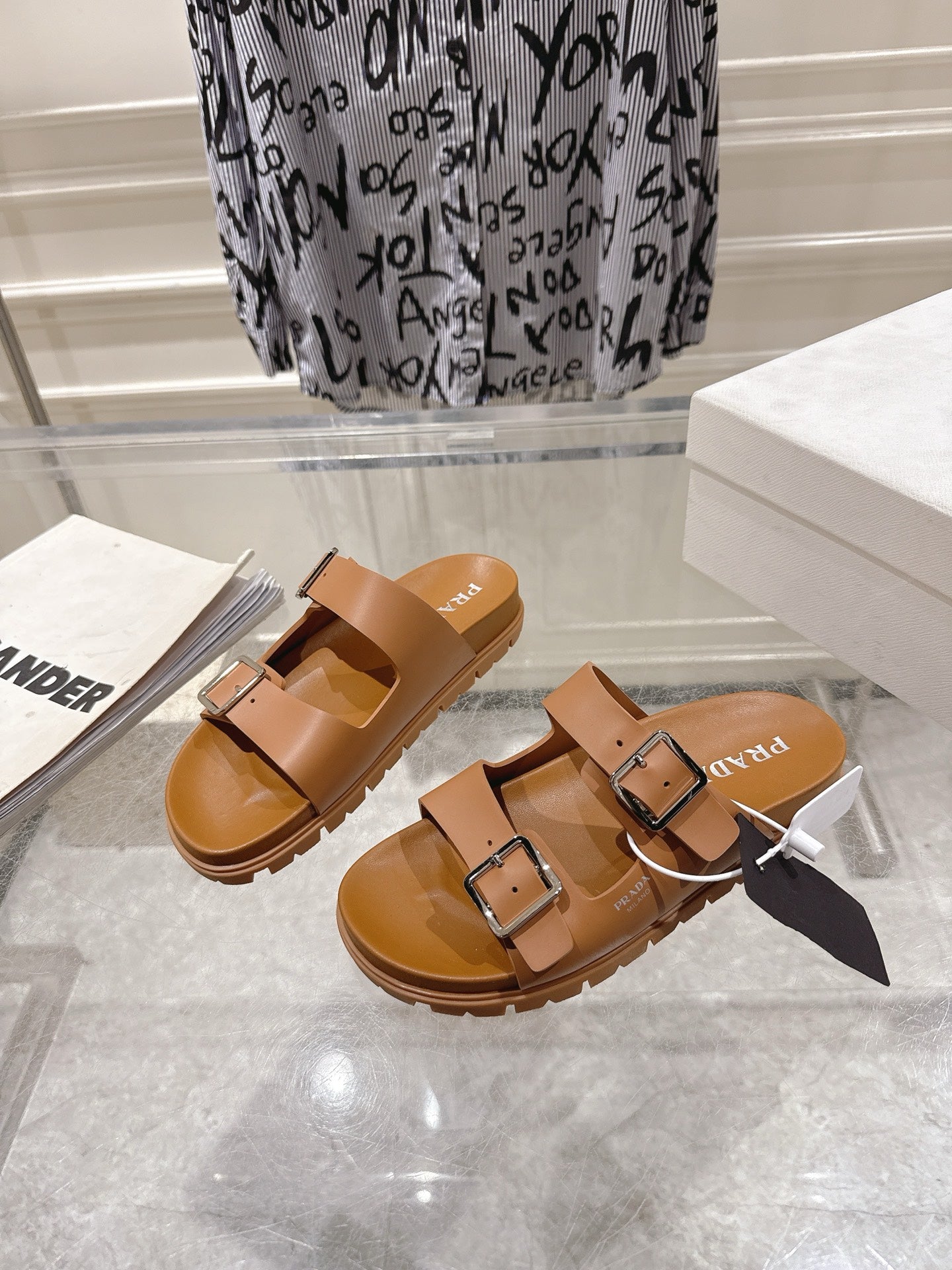 PRADA 26S SLIDES SANDALS IN CARAMEL BROWN CALFSKIN SILVER HARDWARE