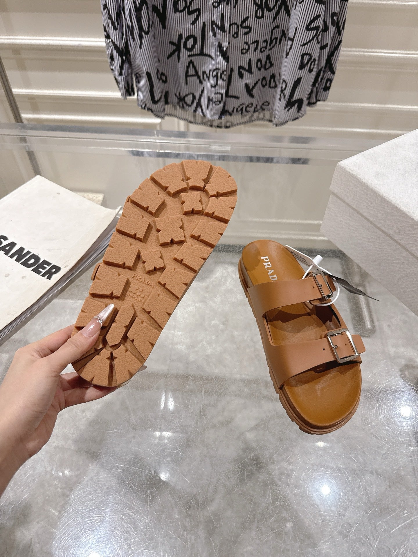 PRADA 26S SLIDES SANDALS IN CARAMEL BROWN CALFSKIN SILVER HARDWARE