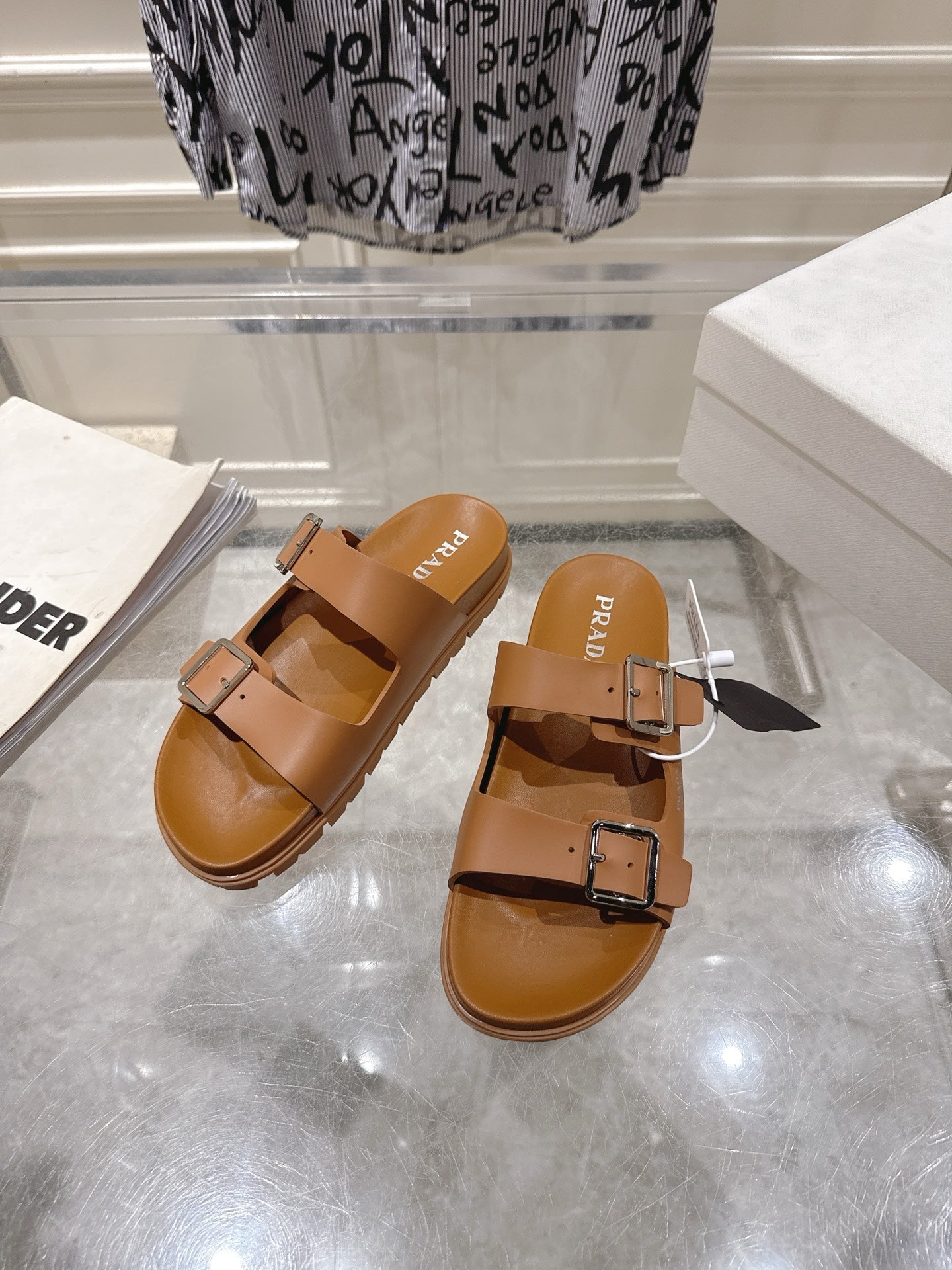 PRADA 26S SLIDES SANDALS IN CARAMEL BROWN CALFSKIN SILVER HARDWARE