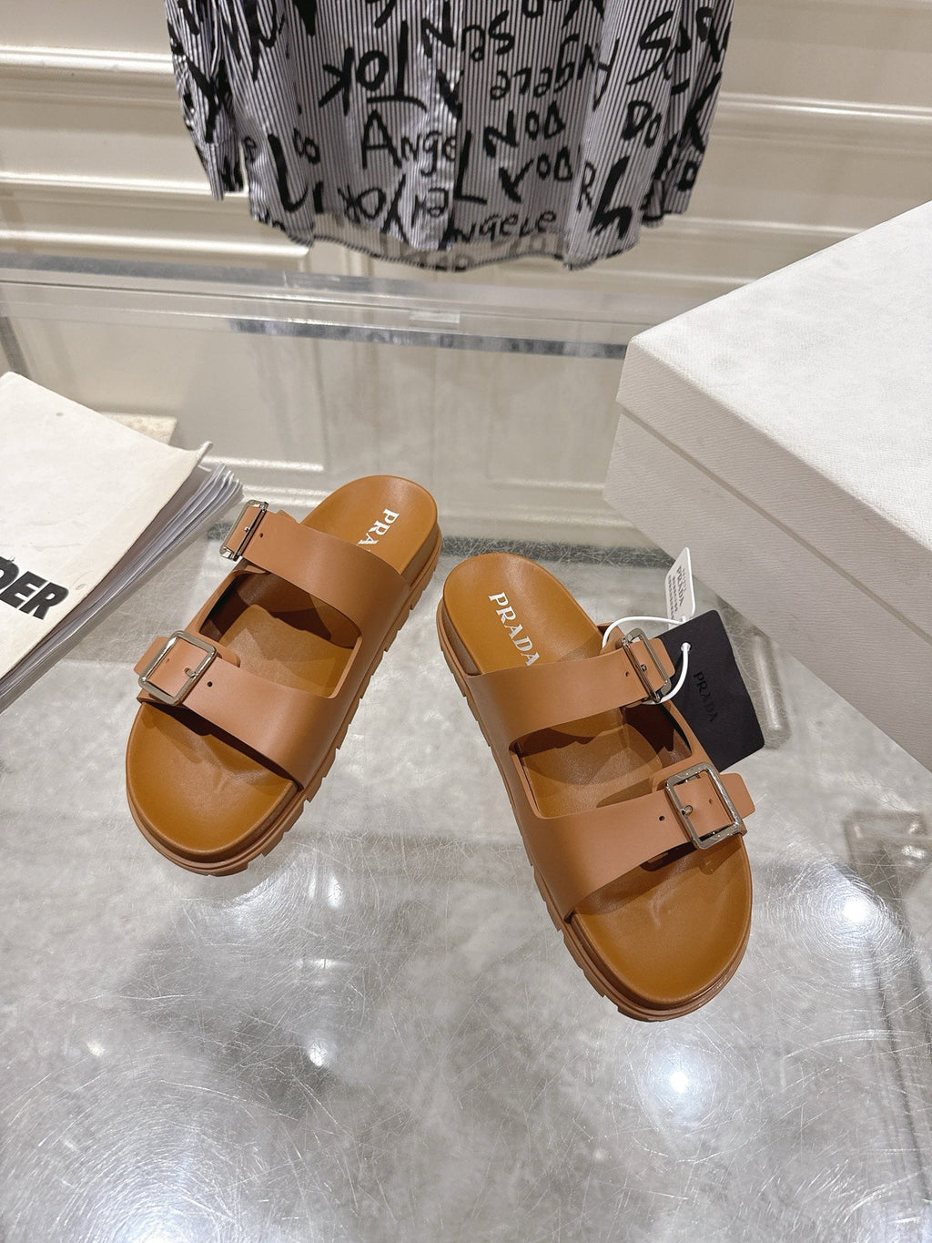 PRADA 26S SLIDES SANDALS IN CARAMEL BROWN CALFSKIN SILVER HARDWARE