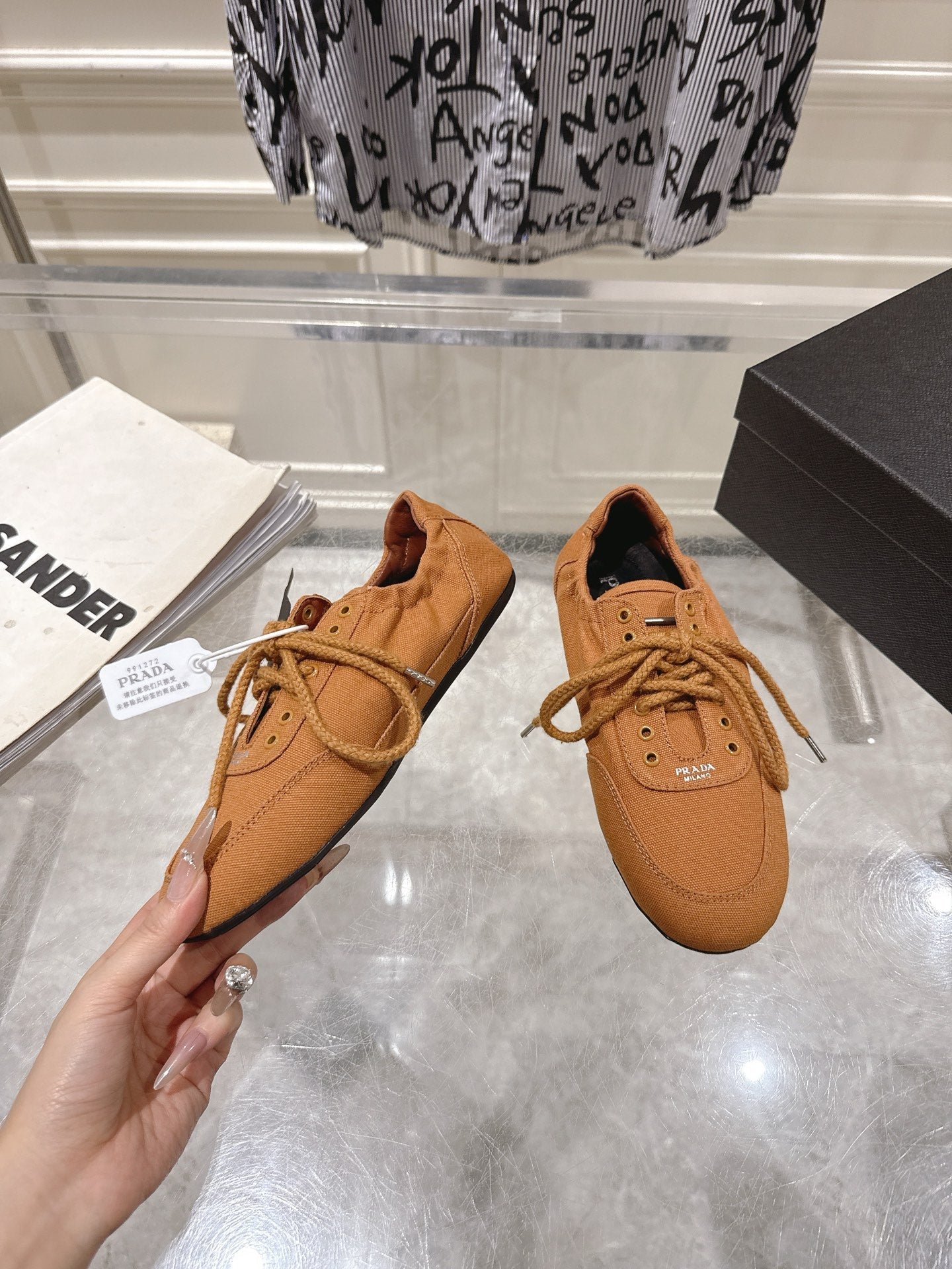PRADA 26S COLLAPSE SNEAKERS IN CARAMEL BROWN CANVAS
