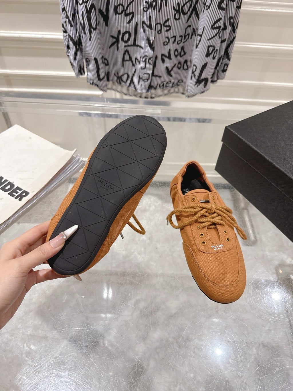 PRADA 26S COLLAPSE SNEAKERS IN CARAMEL BROWN CANVAS