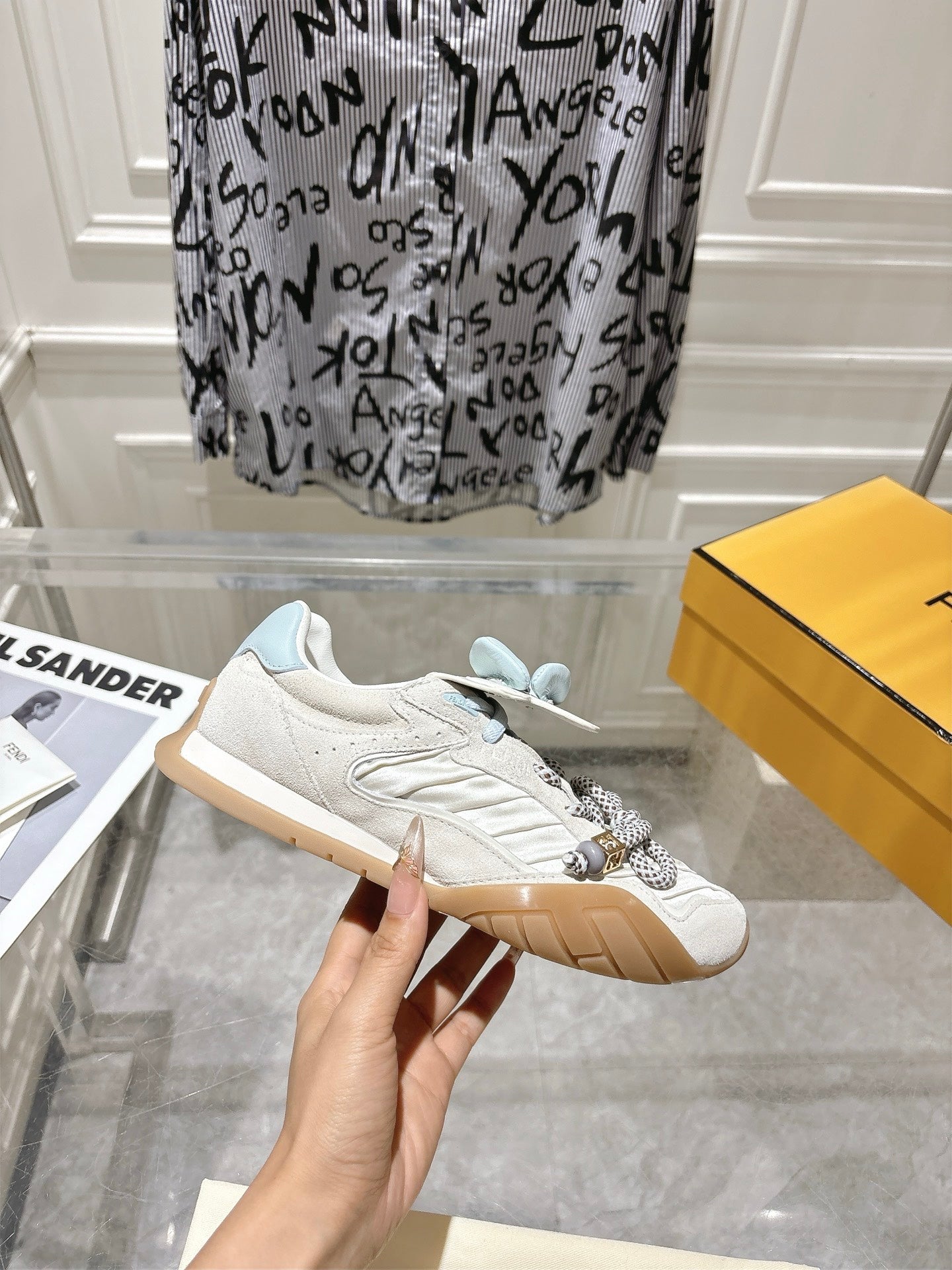 FENDI 26S SNEAKERS IN CREAM WHITE FABRIC AND SUEDE
