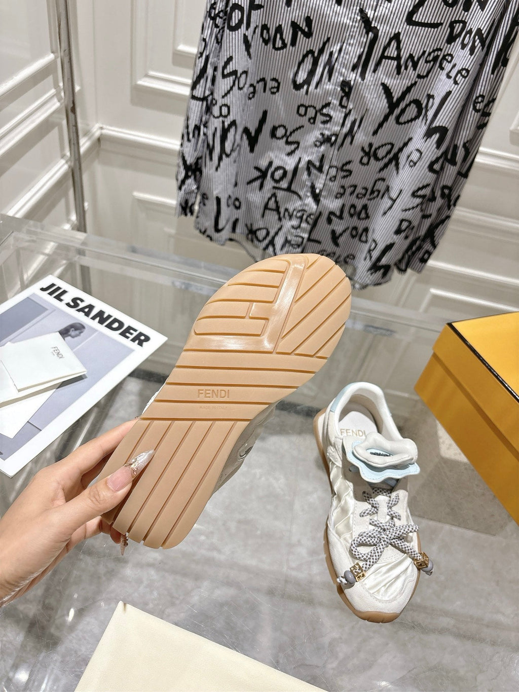 FENDI 26S SNEAKERS IN CREAM WHITE FABRIC AND SUEDE