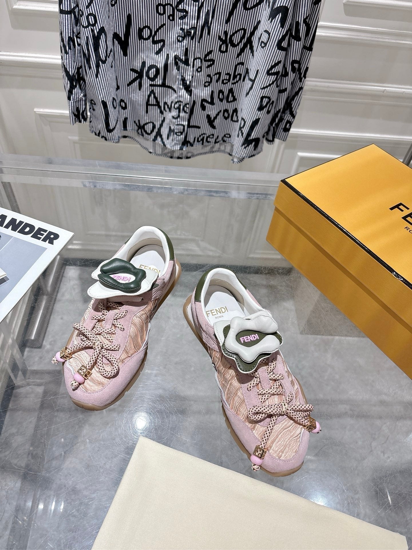 FENDI 26S SNEAKERS IN LIGHT PINK FABRIC AND SUEDE