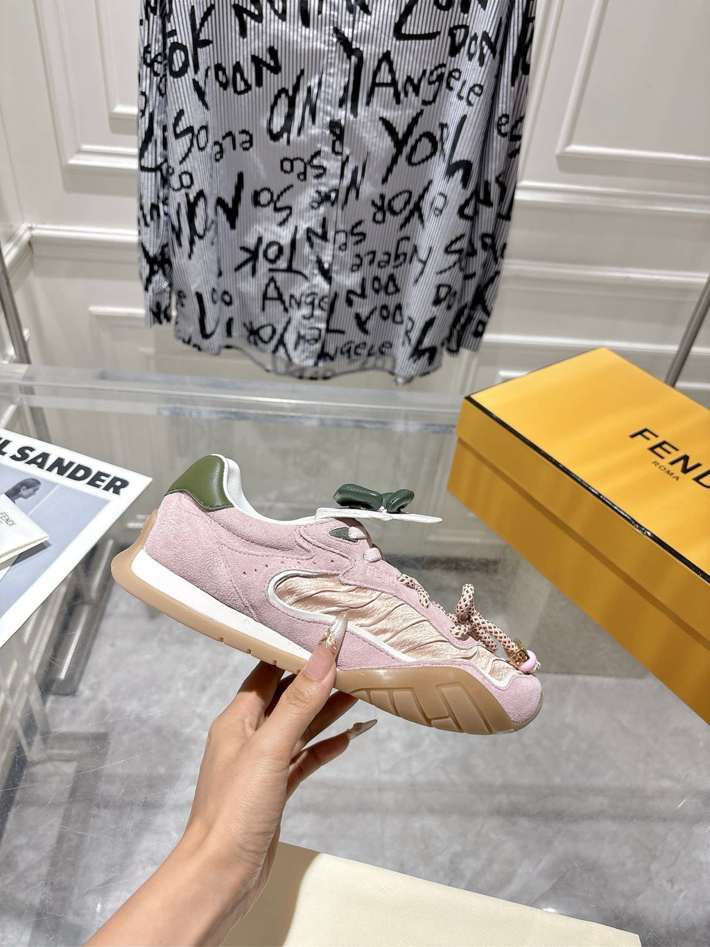 FENDI 26S SNEAKERS IN LIGHT PINK FABRIC AND SUEDE