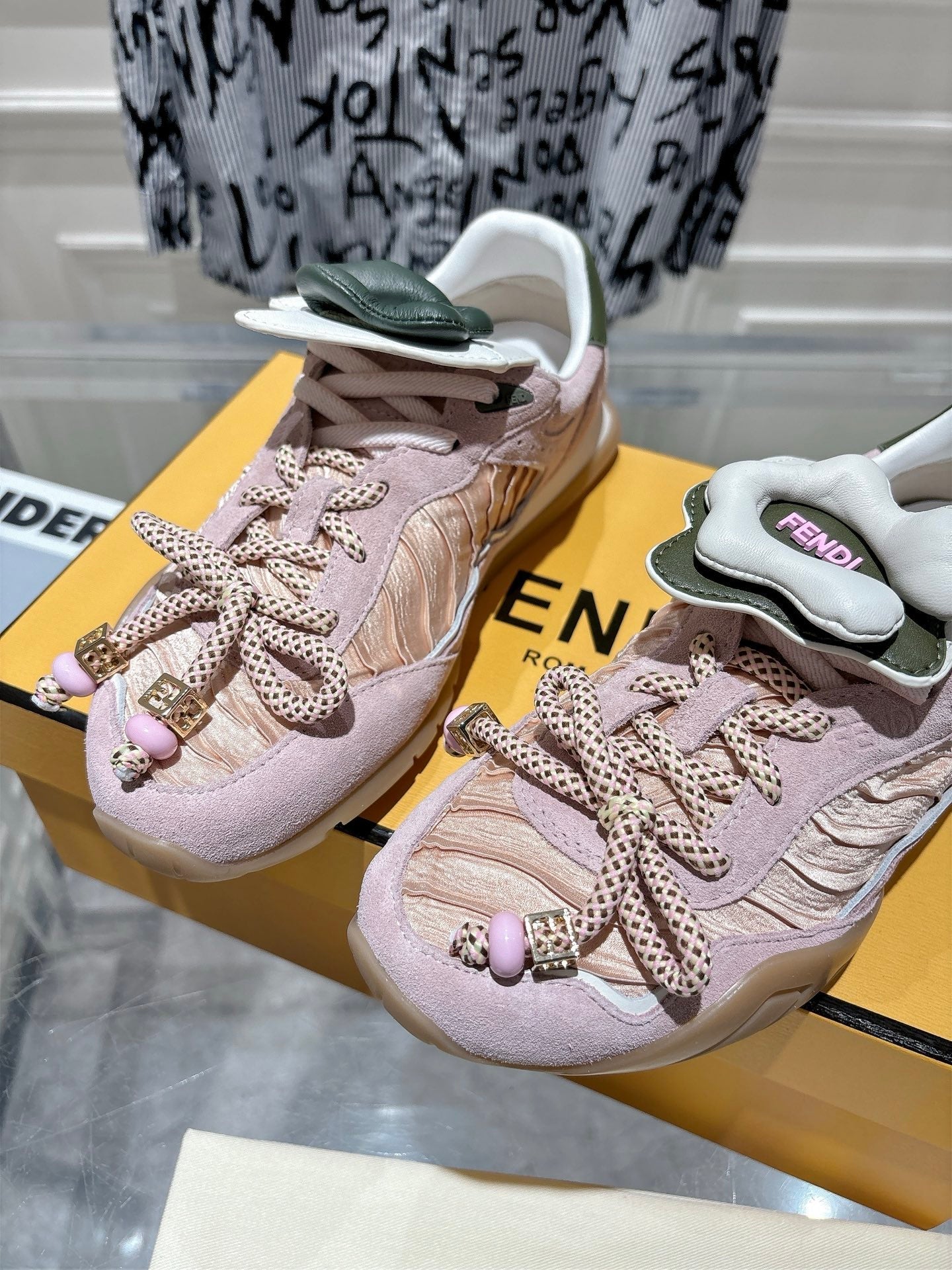 FENDI 26S SNEAKERS IN LIGHT PINK FABRIC AND SUEDE